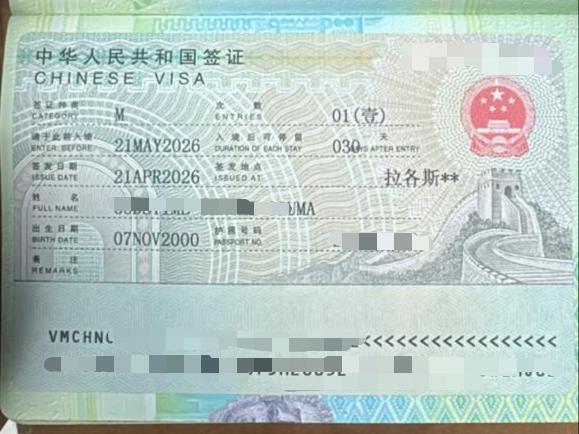Privacy-redacted China business visa result 1