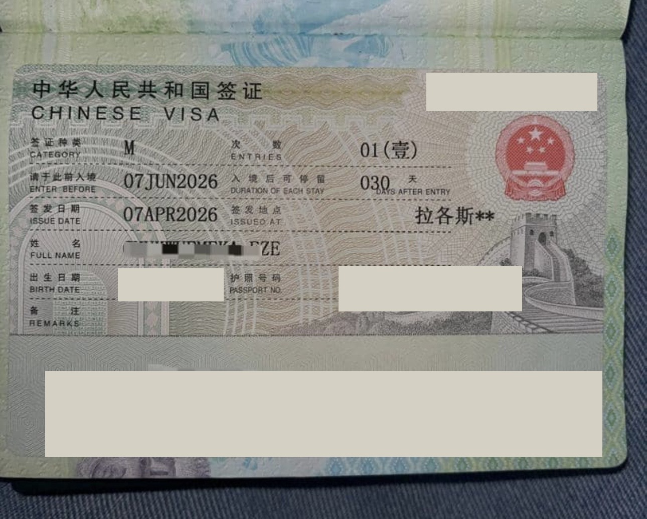 Privacy-redacted China business visa result 5