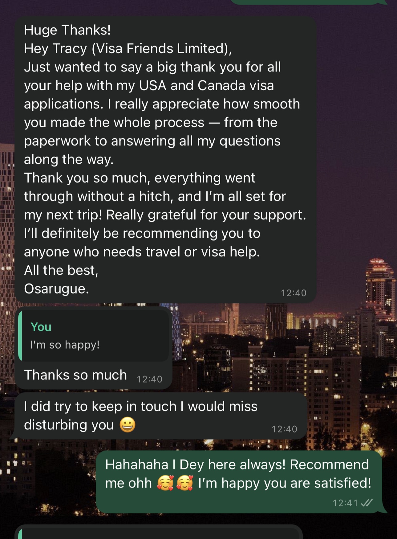 Privacy-redacted USA and Canada visa client testimonial